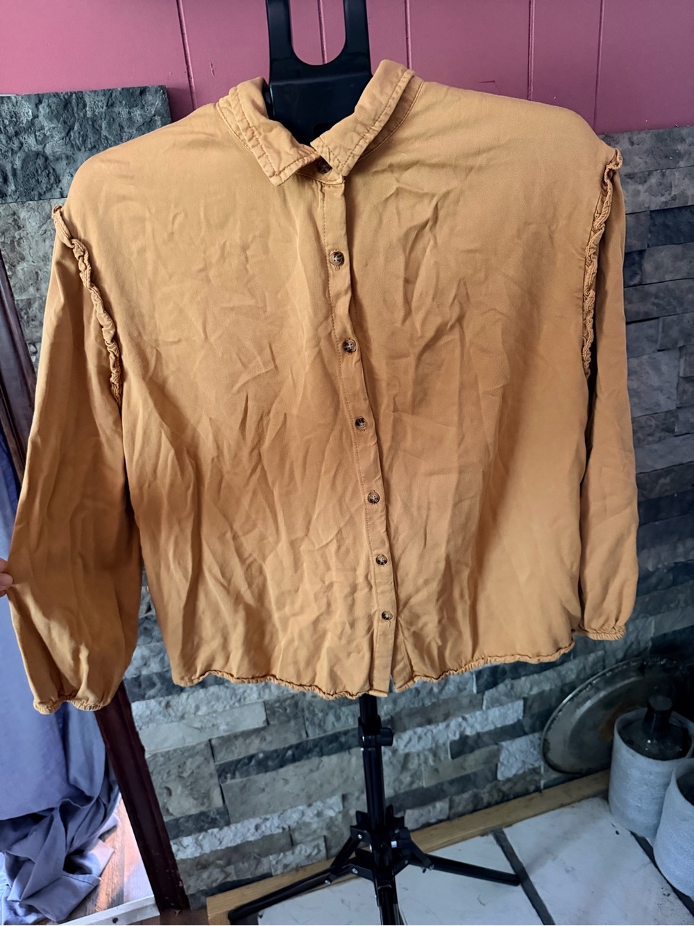 Cato Women's Mustard Yellow Ruffle Long Sleeve Button Down Blouse